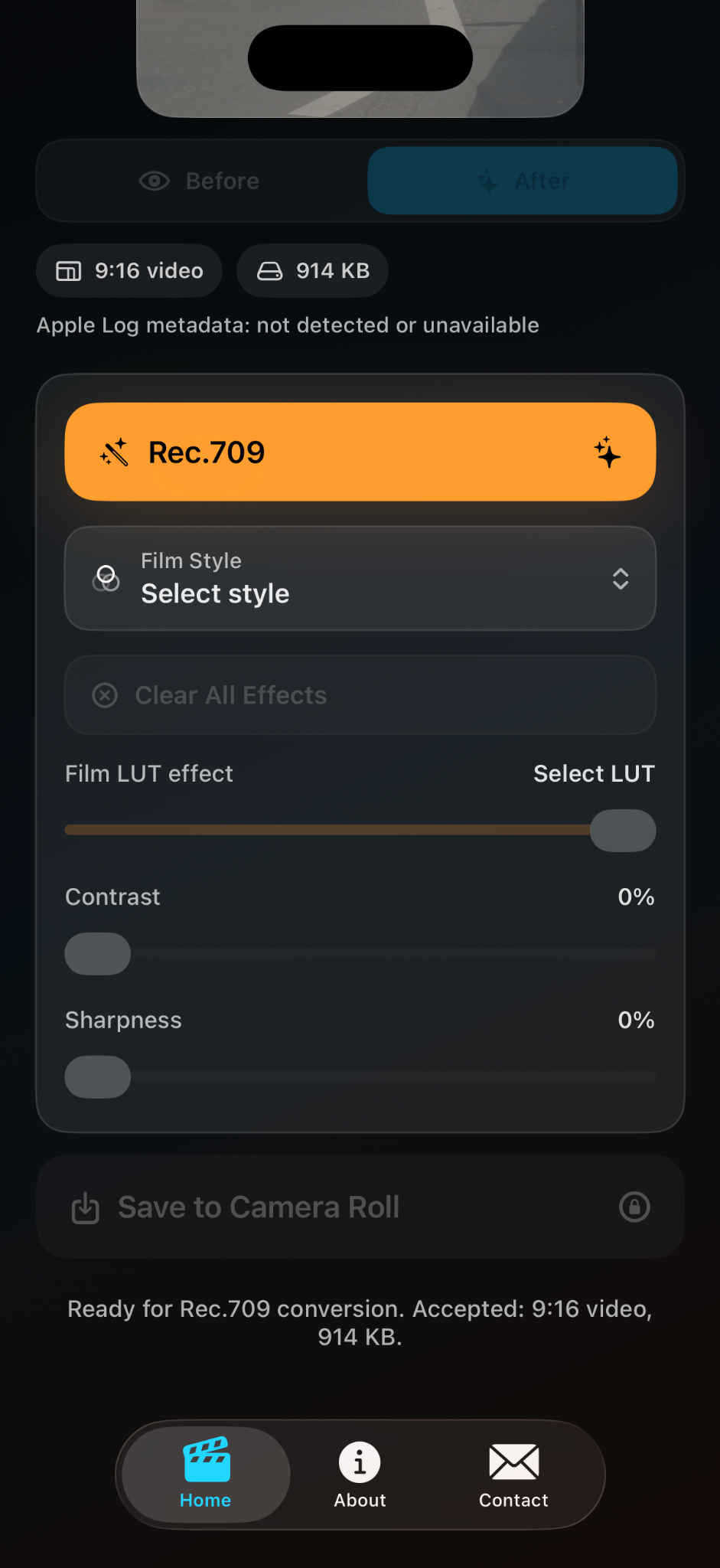 CineLog Rec.709 conversion and LUT style controls.