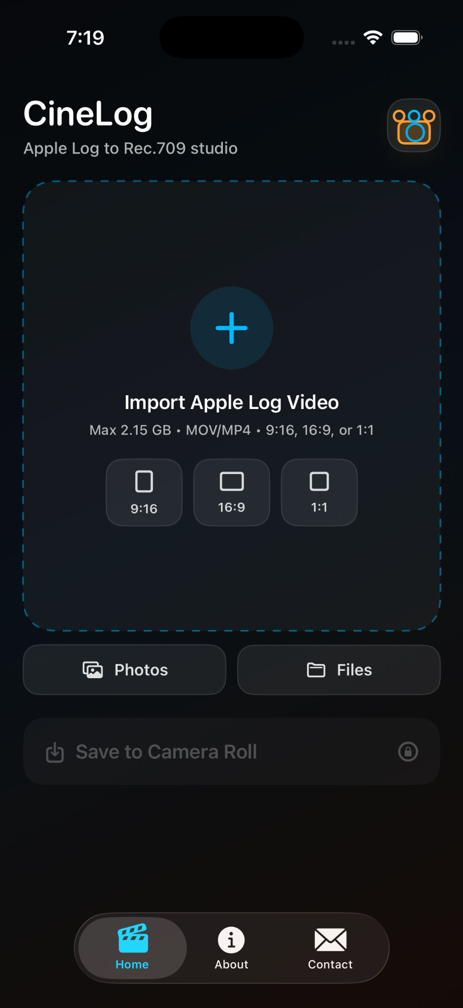 CineLog video import screen with Photos and Files options.