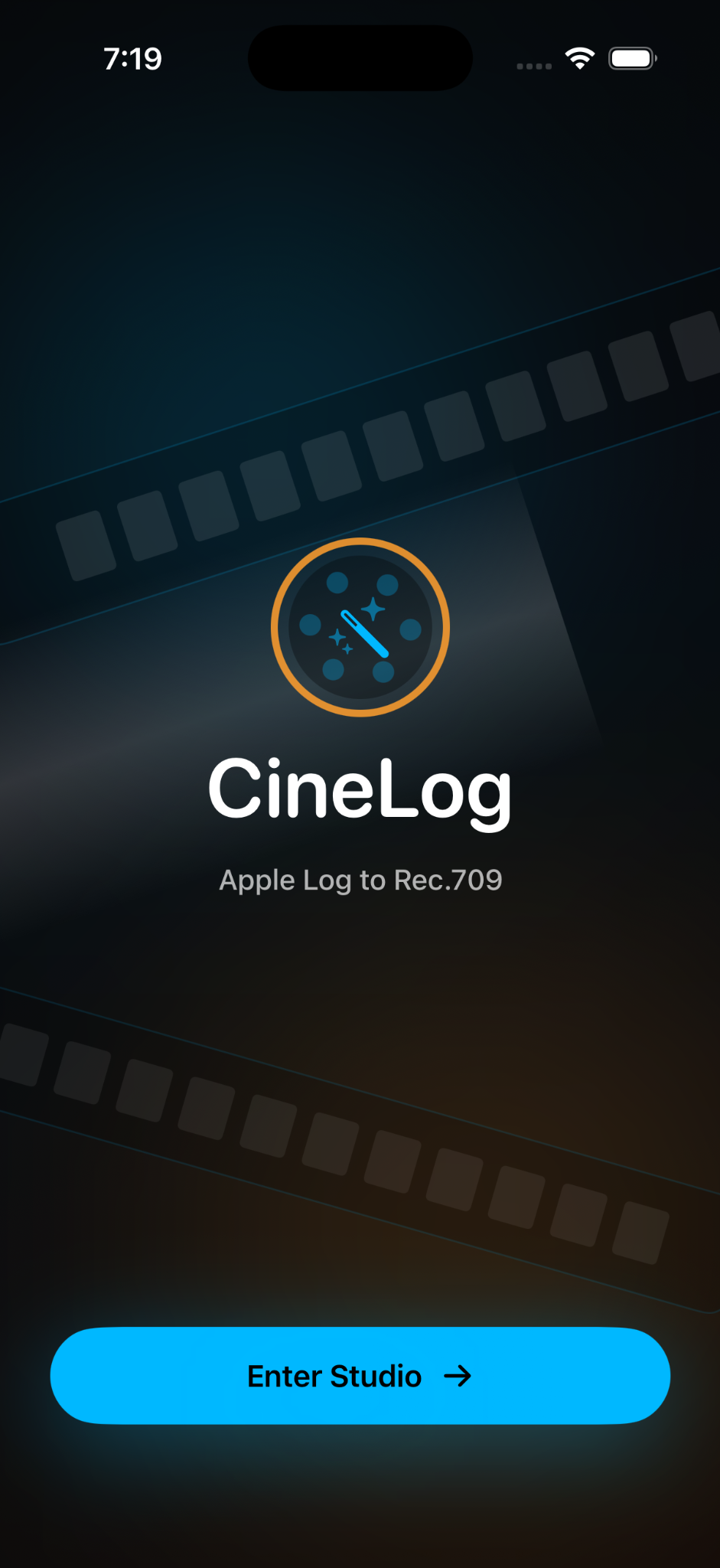 CineLog splash screen with Enter Studio button.